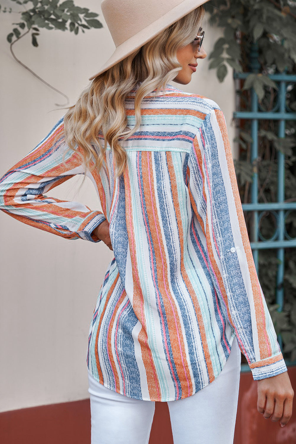 Striped Button-Up Curved Hem Shirt with Breast Pocket - The Goddess Galleries