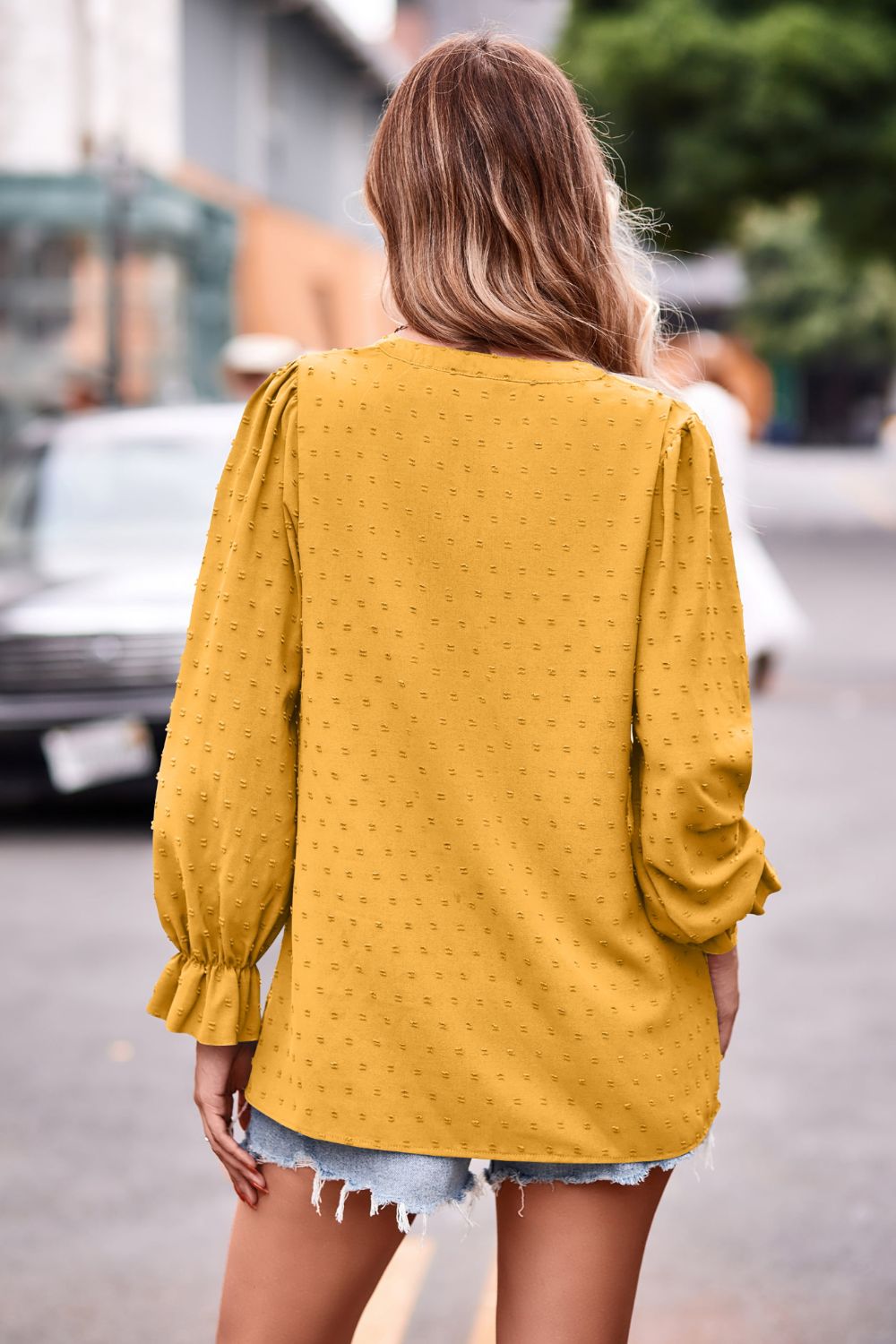 Swiss Dot Notched Neck Flounce Sleeve Blouse - The Goddess Galleries