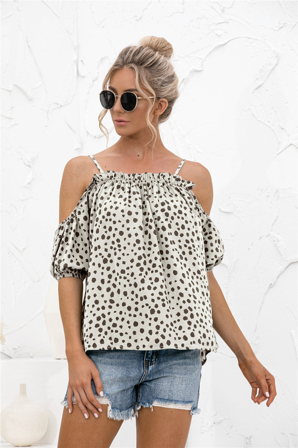 Printed Cold-Shoulder Frill Trim Blouse - The Goddess Galleries