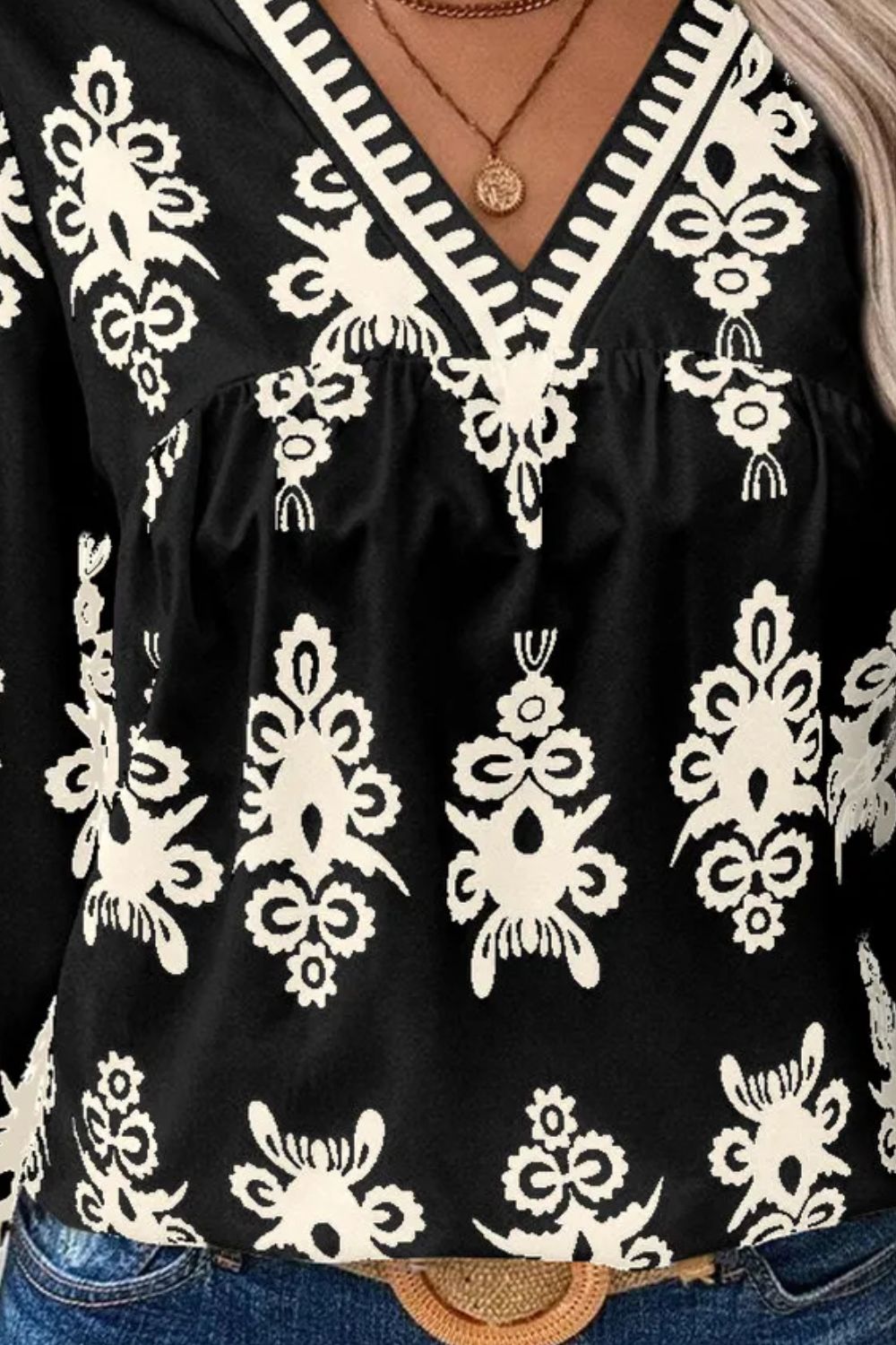 Printed V-Neck Three-Quarter Sleeve Blouse - The Goddess Galleries