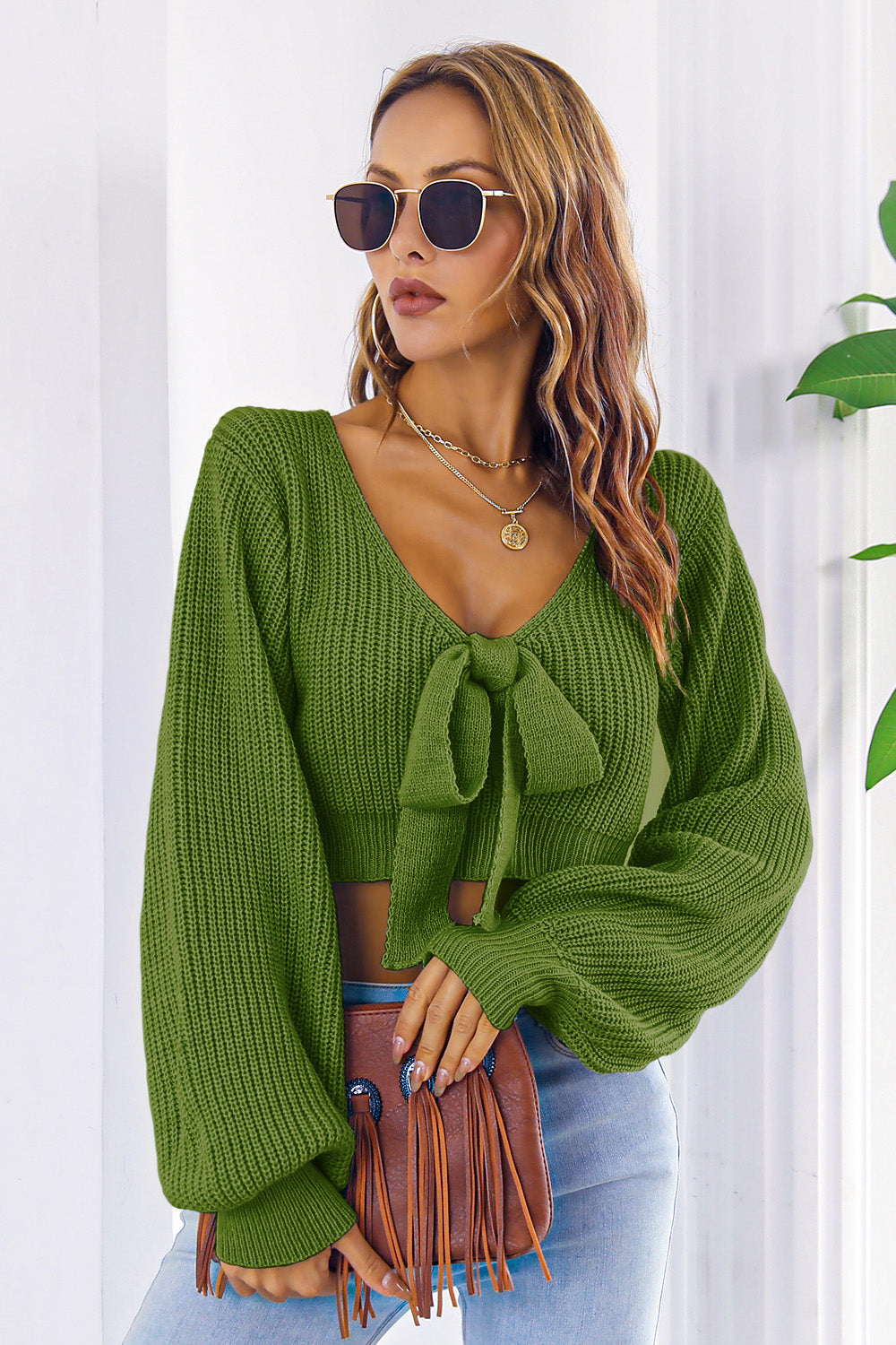 Bow V-Neck Long Sleeve Cropped Sweater - The Goddess Galleries