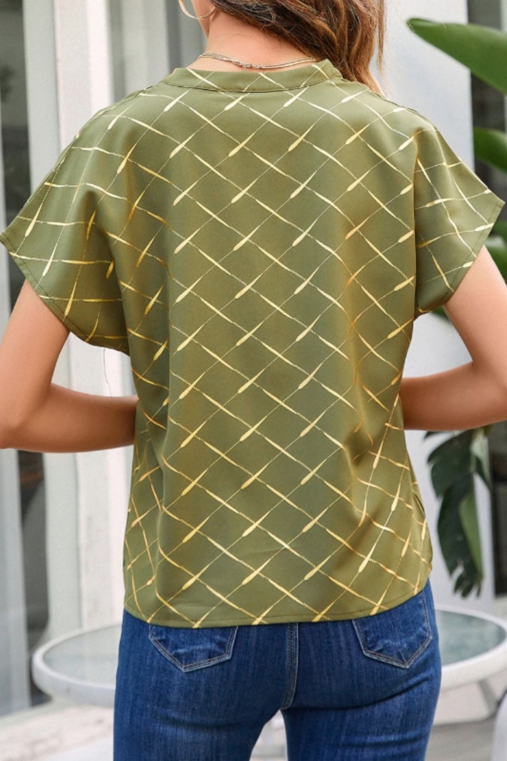 Printed Notched Short Sleeve Blouse - The Goddess Galleries