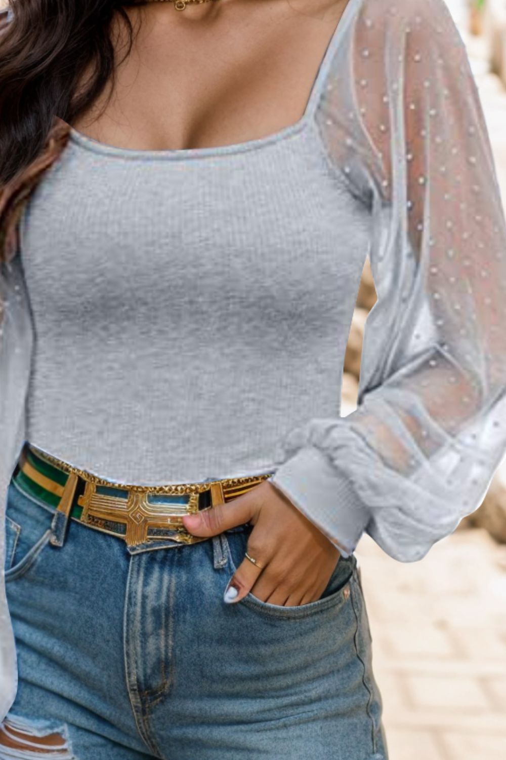 Polka Dot Square Neck Lantern Sleeve Blouse - The Goddess Galleries