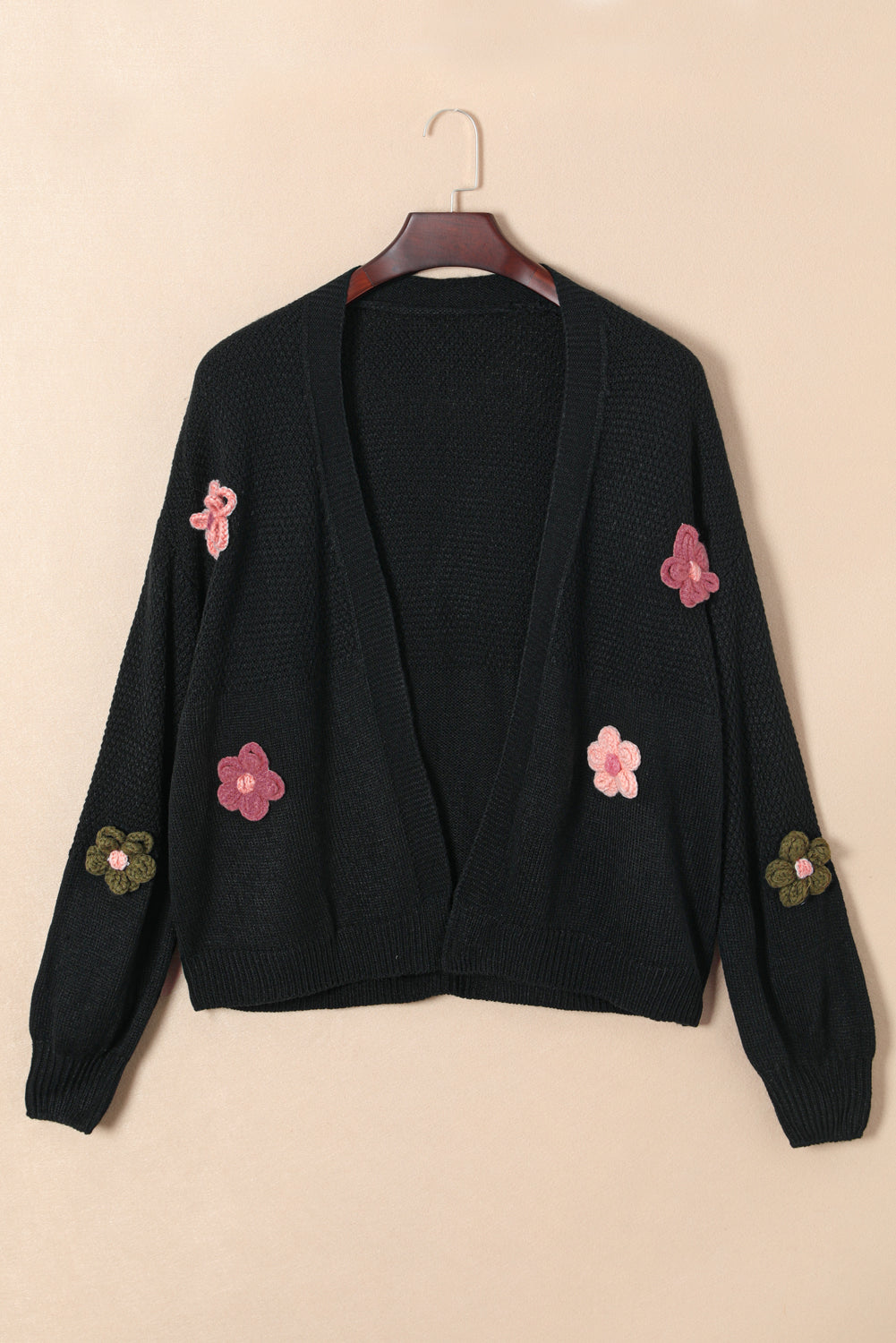 Floral Applique Drop Shoulder Open Front Cardigan - The Goddess Galleries