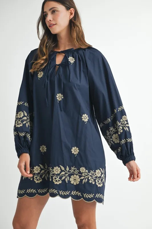 MABLE Embroidered Long Sleeve Peasant Mini Dress - The Goddess Galleries