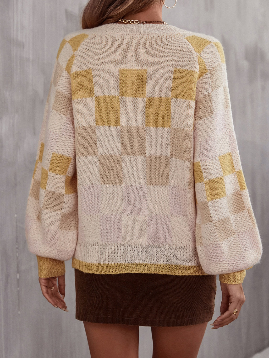 Angel Wings Checkered V-Neck Lantern Sleeve Sweater - The Goddess Galleries
