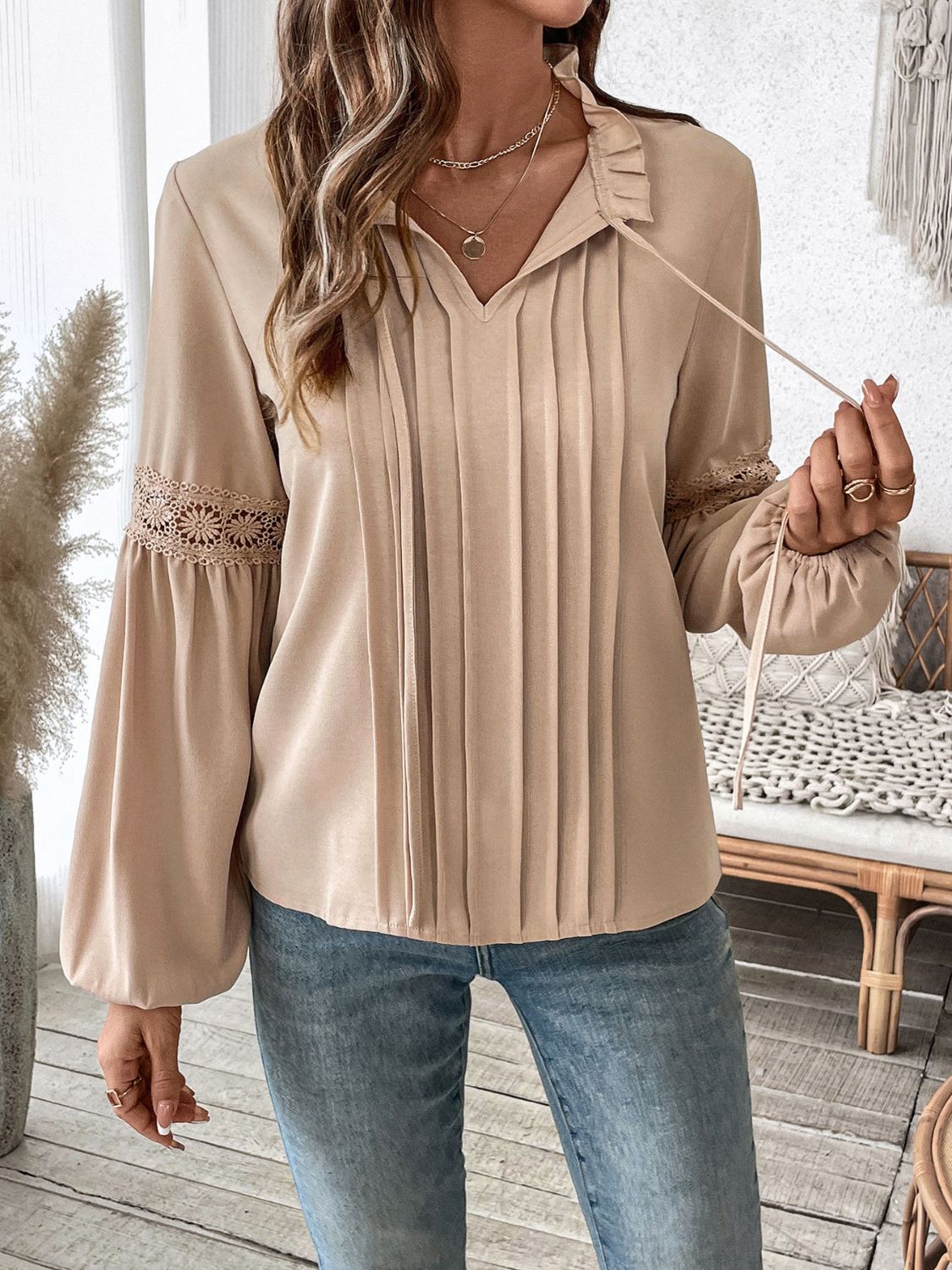Perfee Frill Tie Neck Long Sleeve Blouse - The Goddess Galleries