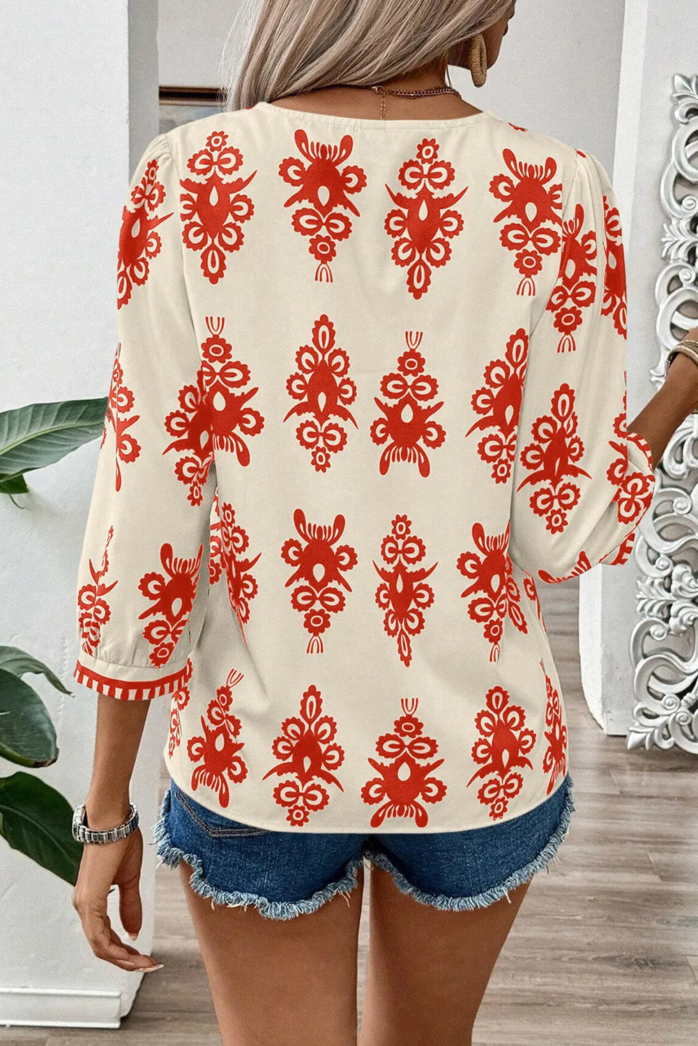 Printed V-Neck Three-Quarter Sleeve Blouse - The Goddess Galleries