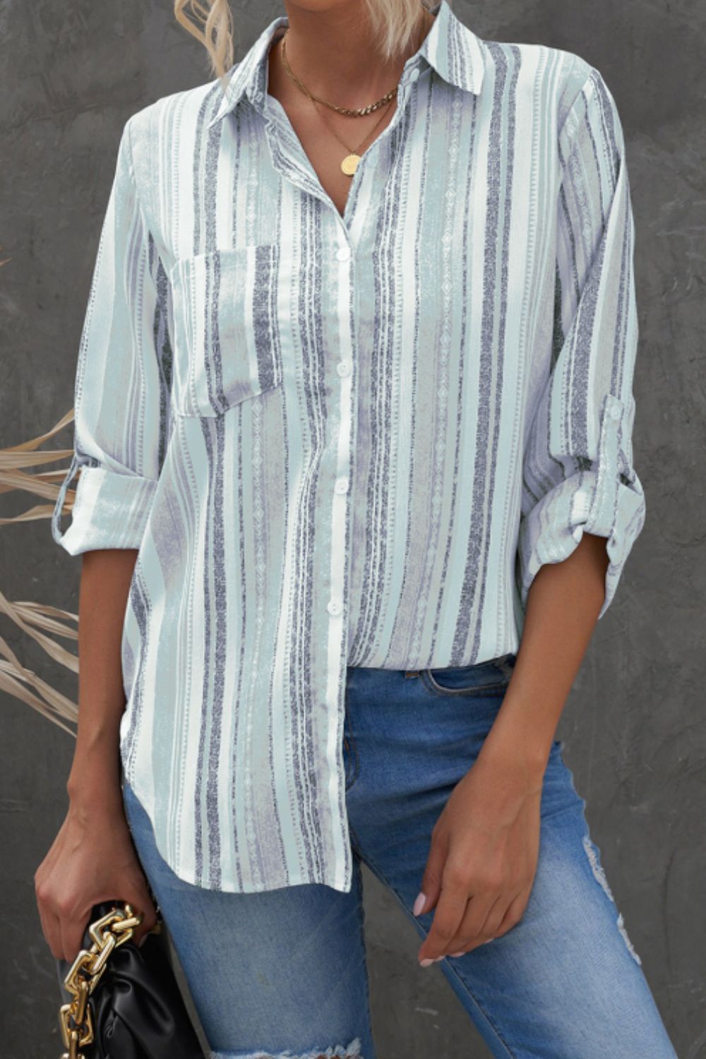 Striped Collared Neck Long Sleeve Shirt - The Goddess Galleries