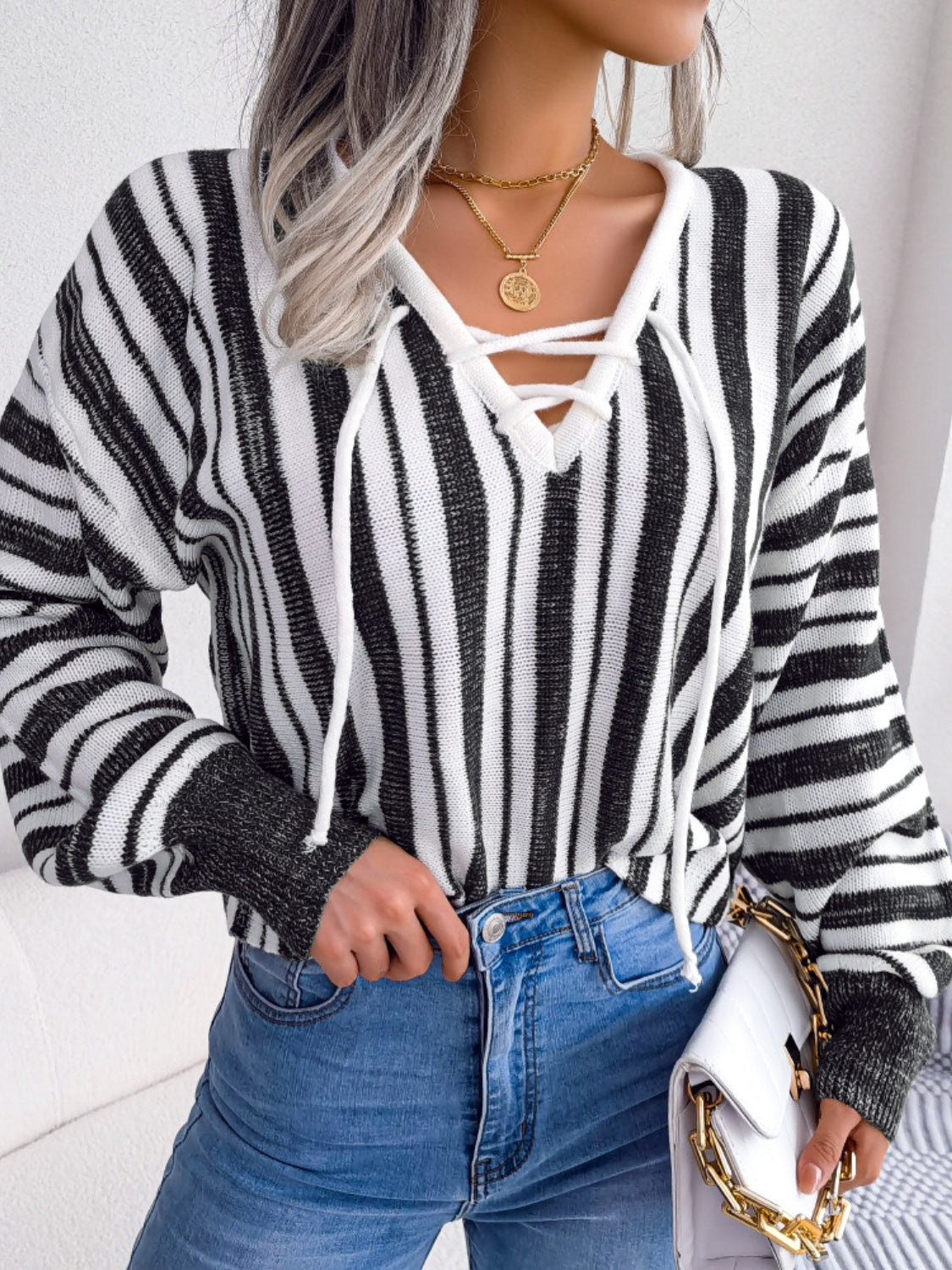 Striped Lace-Up Long Sleeve Sweater - The Goddess Galleries