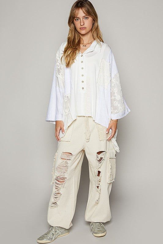POL Crochet Patchwork Frayed Edge Half Button Knit Top - The Goddess Galleries