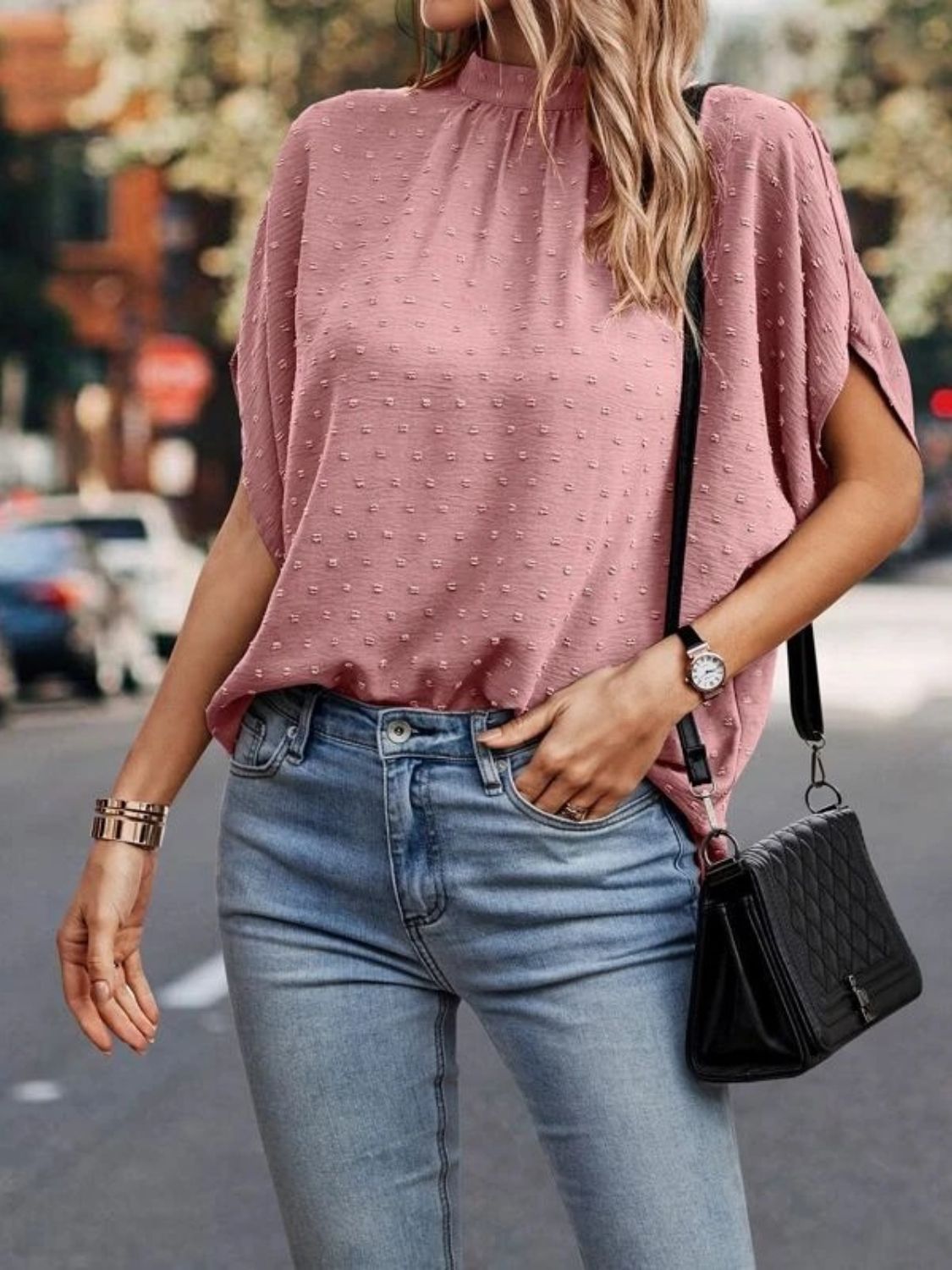 Swiss Dot Mock Neck Half Sleeve Blouse - The Goddess Galleries