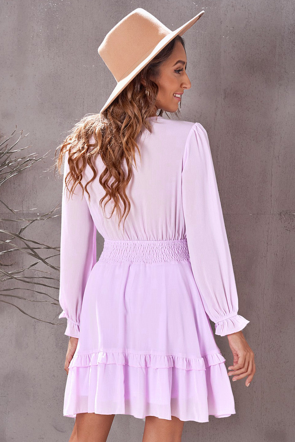 Tied Plunge Smocked Waist Flounce Sleeve Dress - The Goddess Galleries