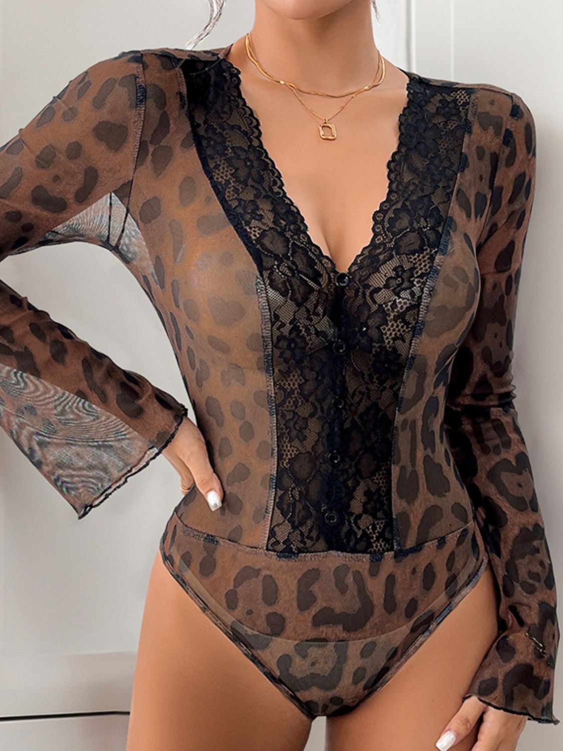 Perfee Leopard V-Neck Lace Bodysuit - The Goddess Galleries