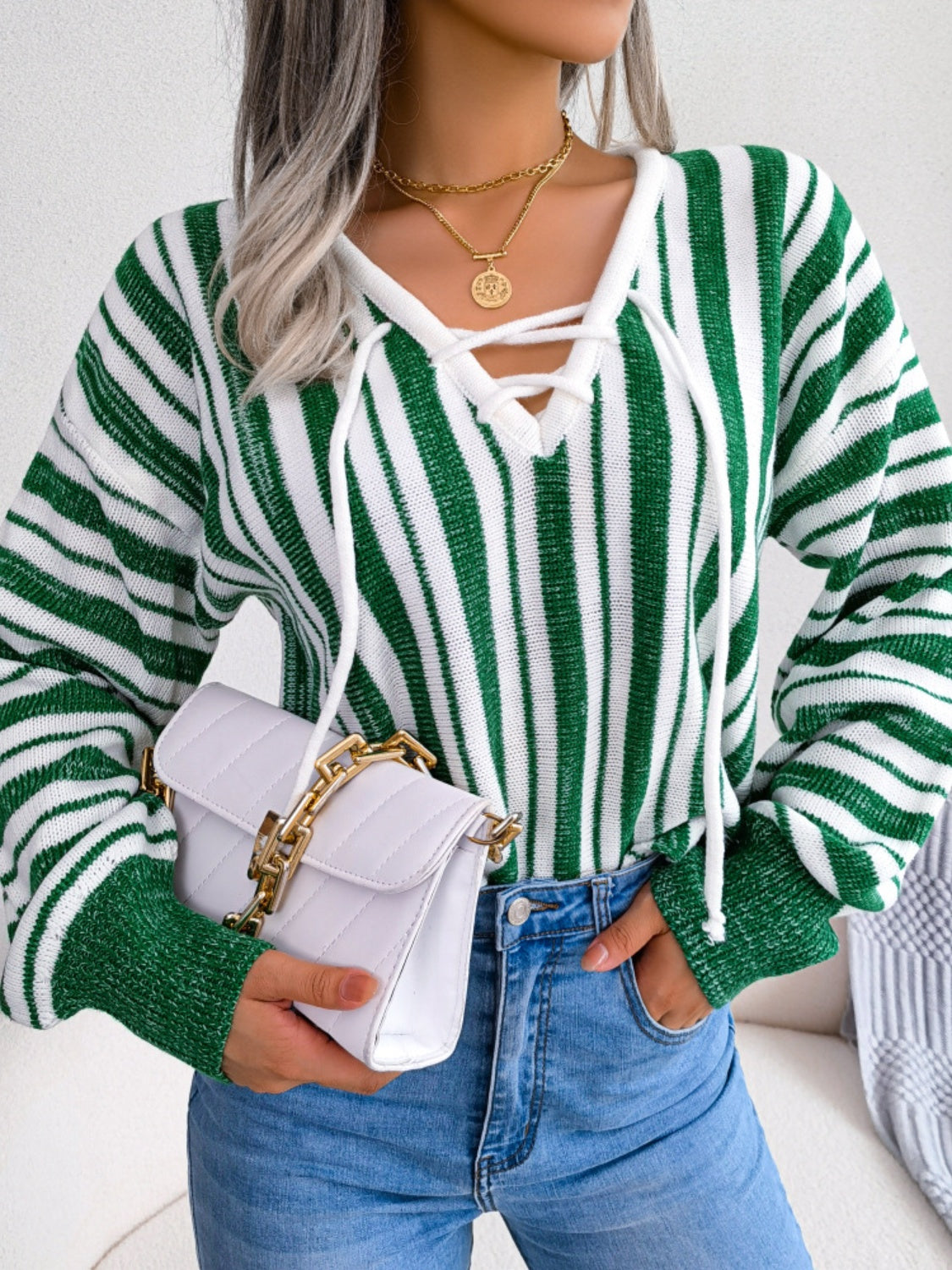 Striped Lace-Up Long Sleeve Sweater - The Goddess Galleries