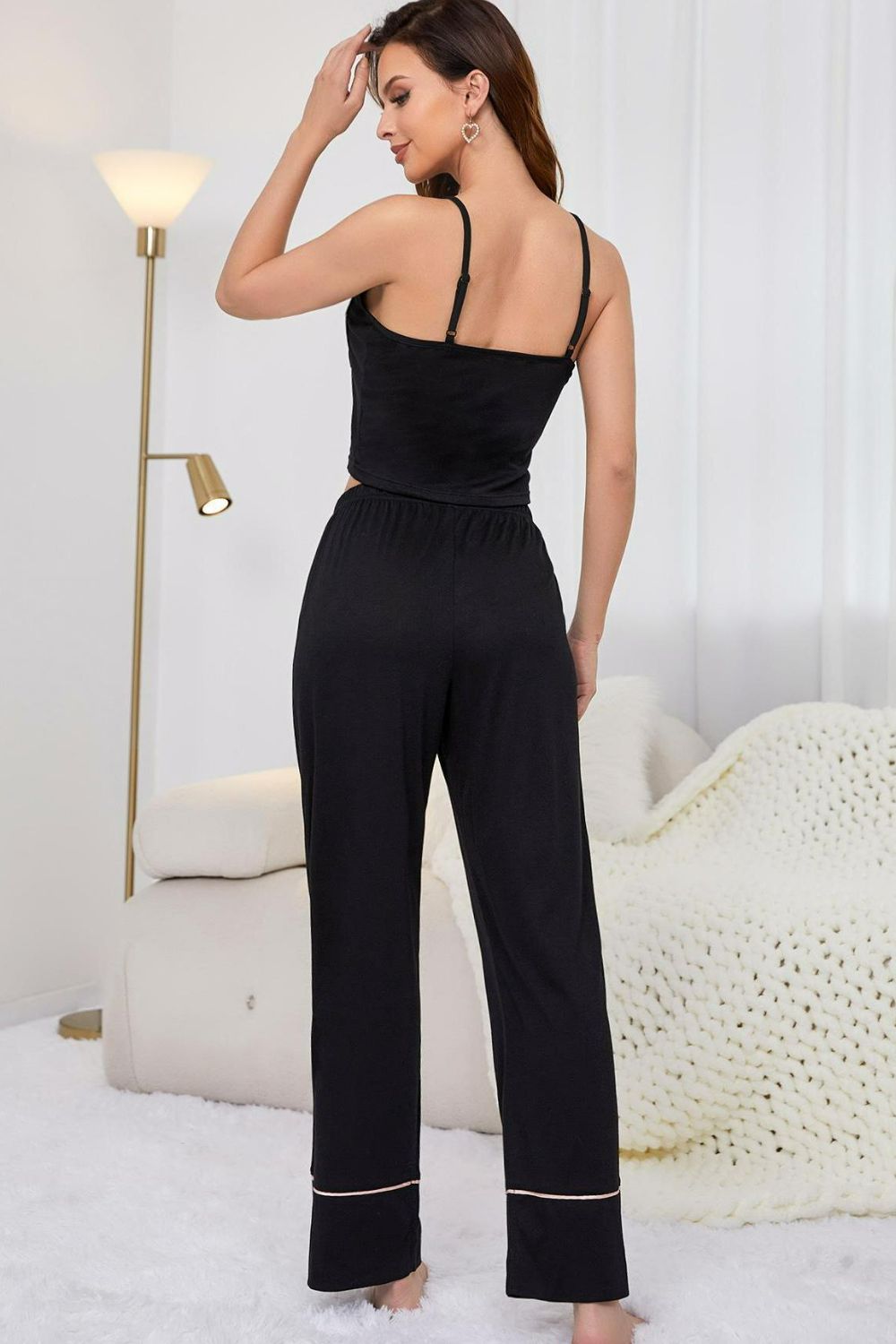 Contrast Trim Cropped Cami and Pants Loungewear Set - The Goddess Galleries