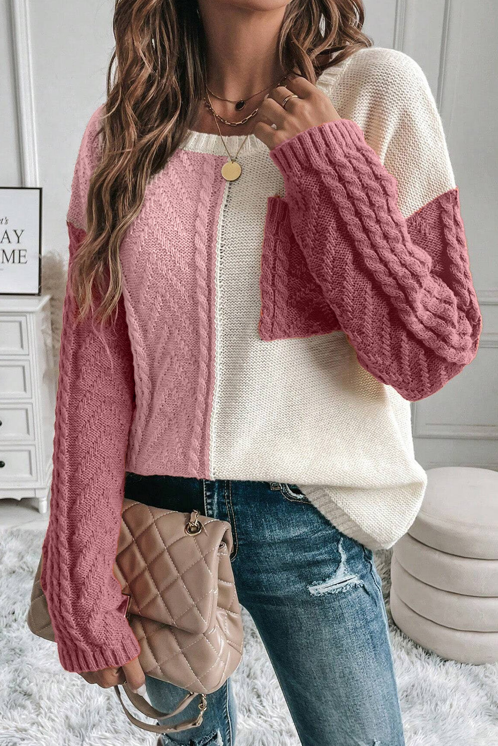 Color Block Round Neck Long Sleeve Sweater - The Goddess Galleries