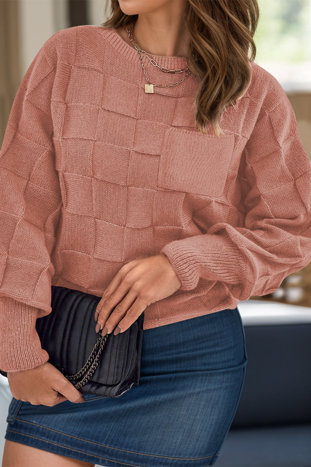 Plus Size Plaid Round Neck Sweater - The Goddess Galleries