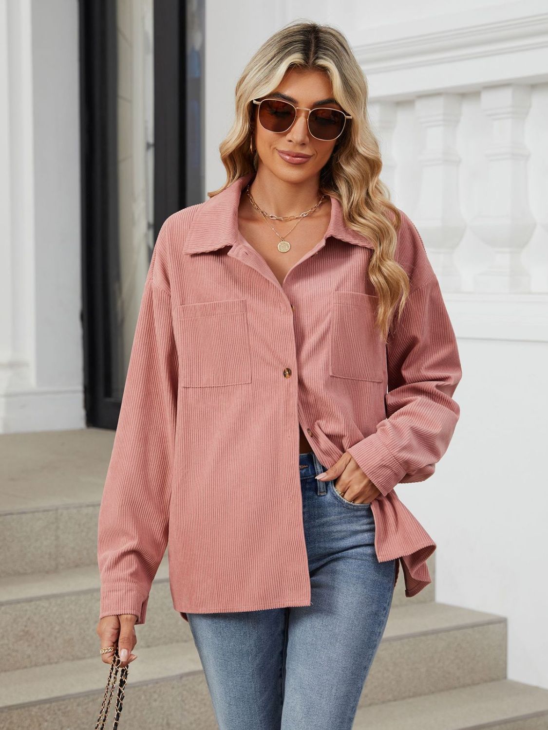 Button Up Long Sleeve Shirt with Breast Pockets - The Goddess Galleries