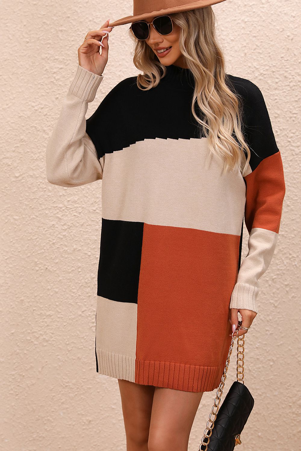 Color Block Mock Neck Dropped Shoulder Sweater Dress - The Goddess Galleries