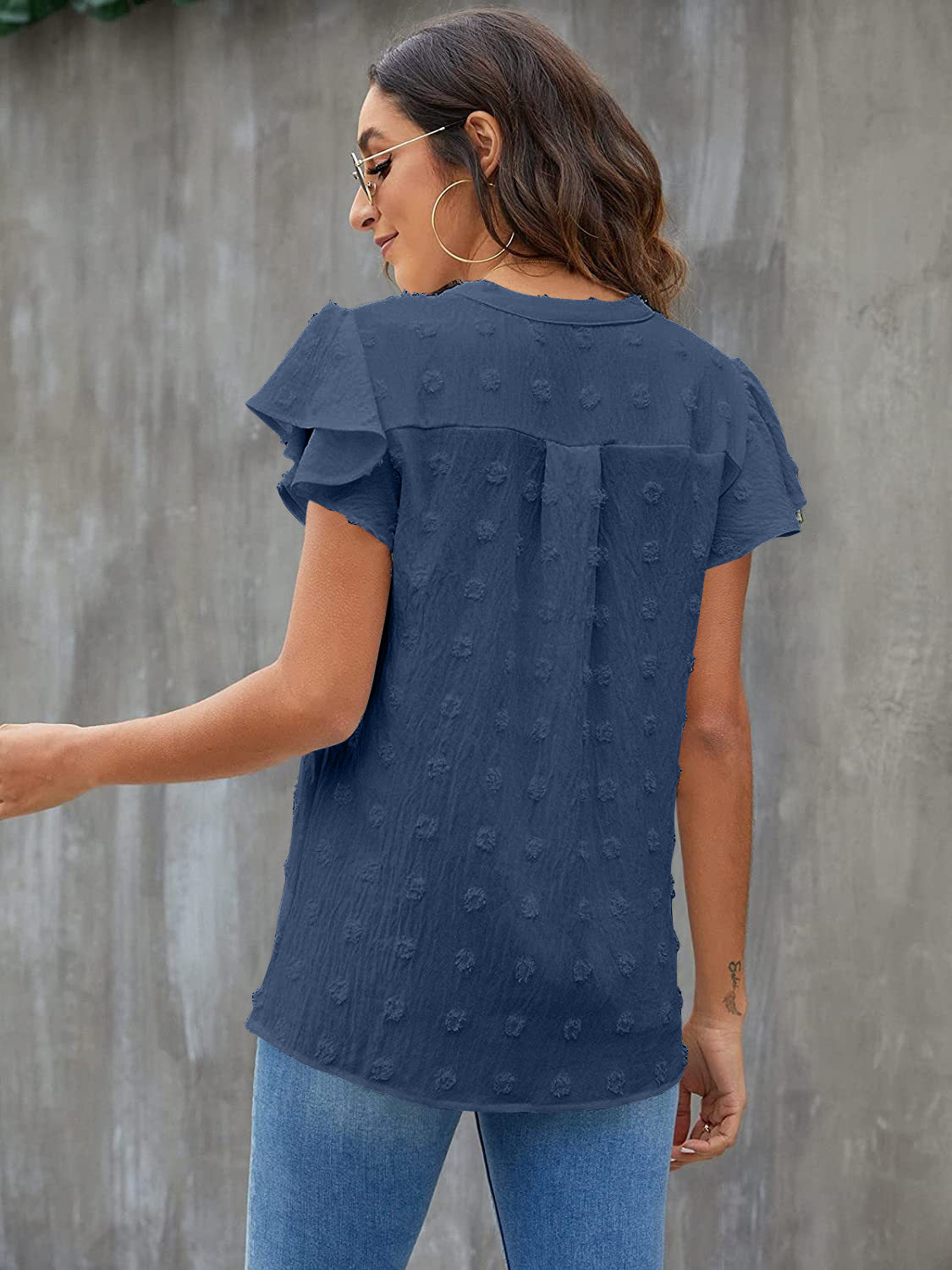 Swiss Dot Notched Flutter Sleeve Blouse - The Goddess Galleries
