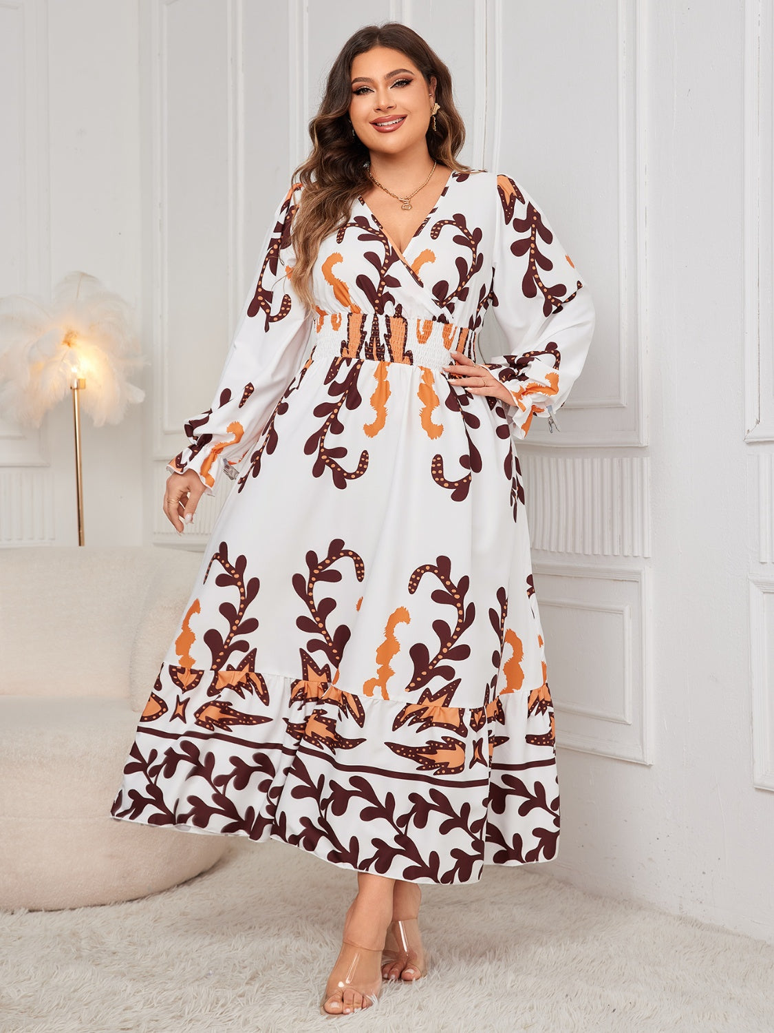 Honey Plus Size Printed Surplice Flounce Sleeve Dress - The Goddess Galleries