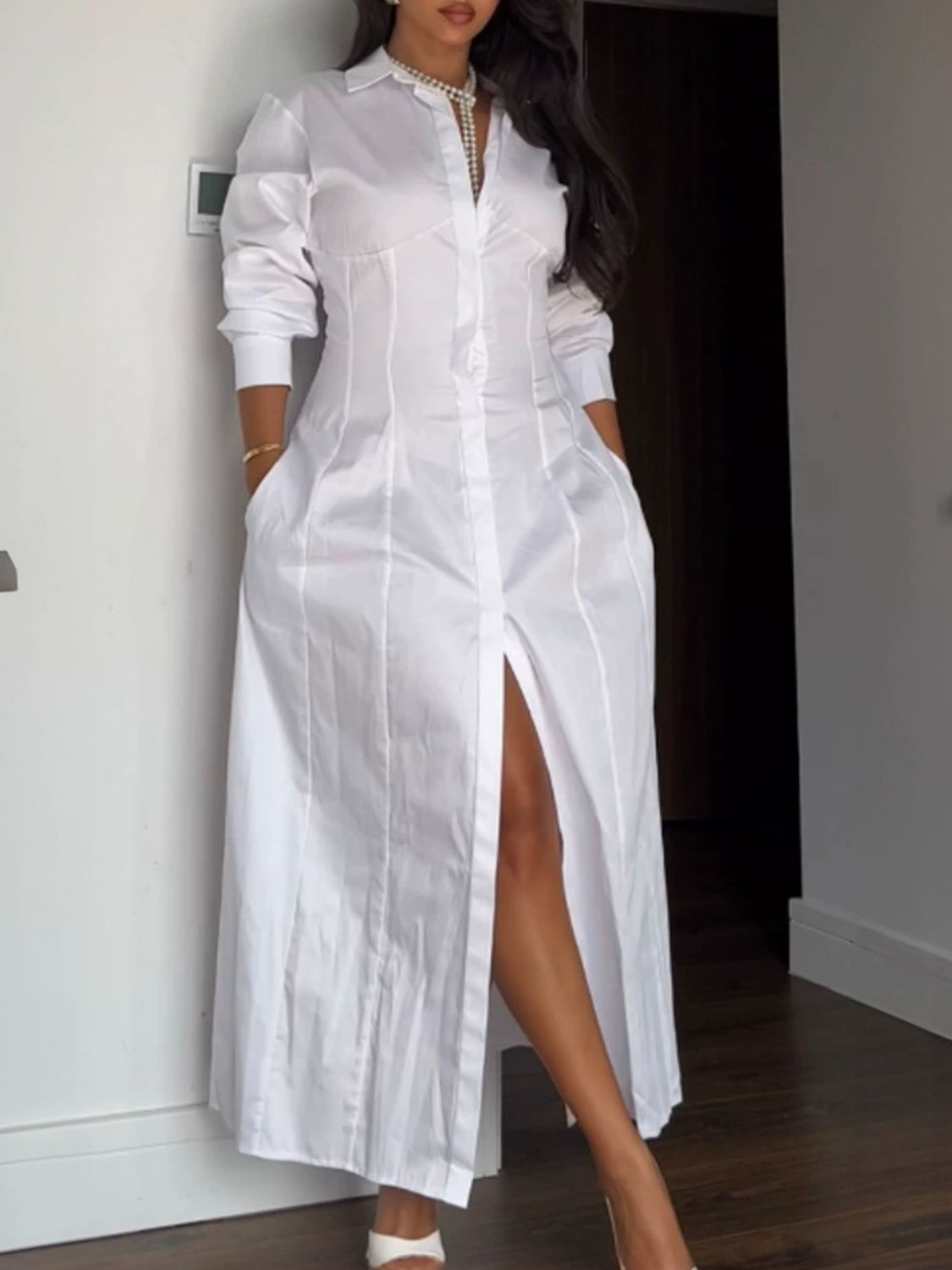 Devine Backless Long Sleeve Midi Shirt Dress - The Goddess Galleries