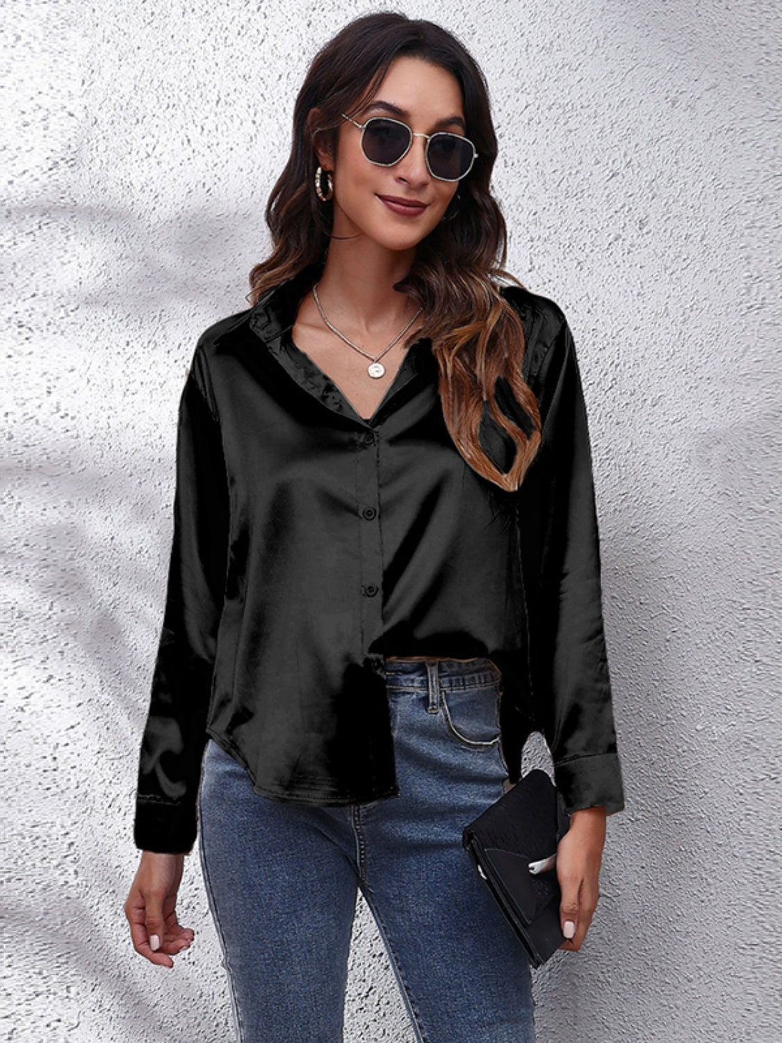 Collared Neck Buttoned Long Sleeve Shirt - The Goddess Galleries