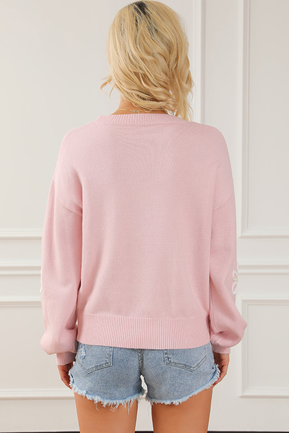 Flower Round Neck Dropped Shoulder Sweater - The Goddess Galleries