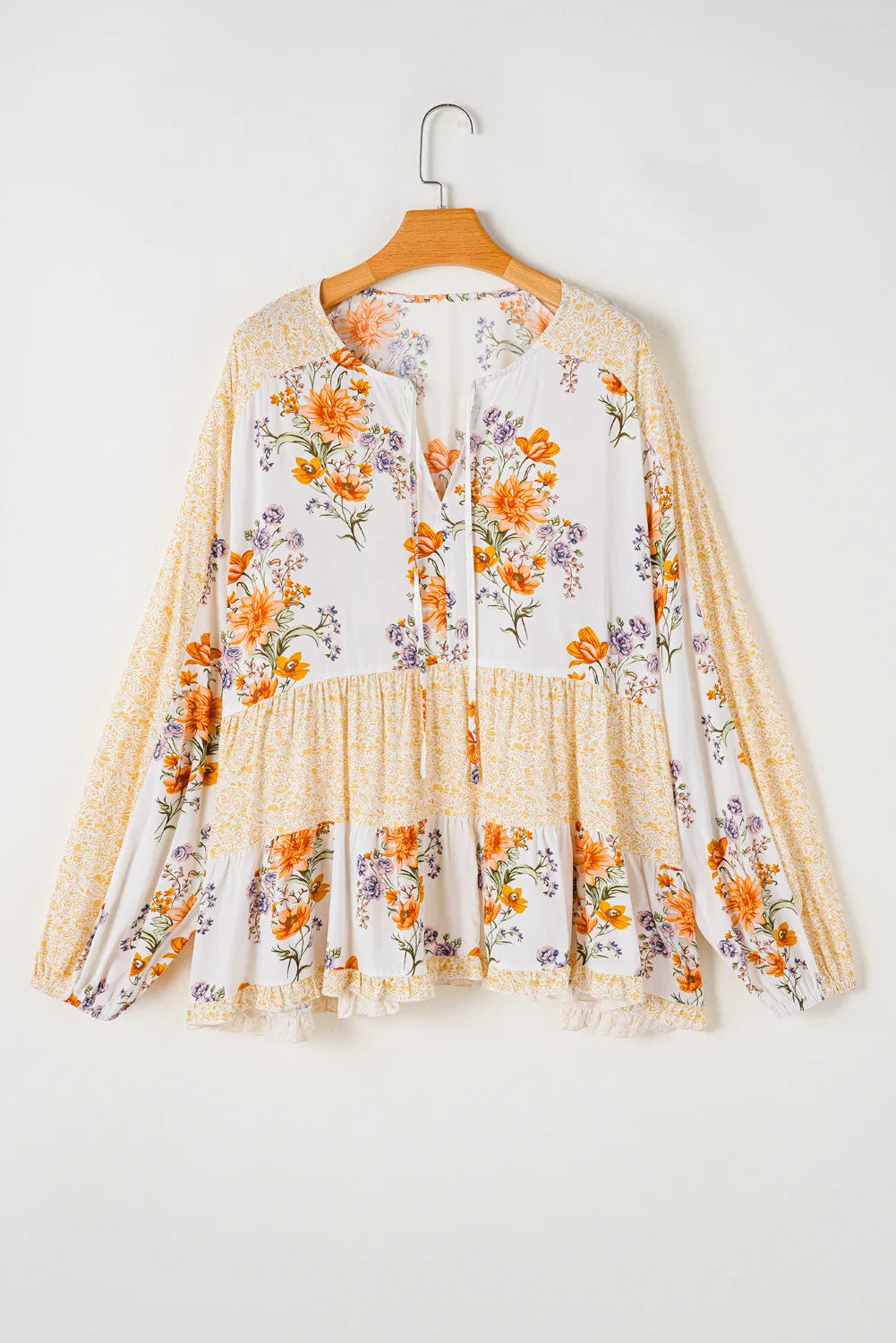 Plus Size Printed Tie Neck Long Sleeve Blouse - The Goddess Galleries