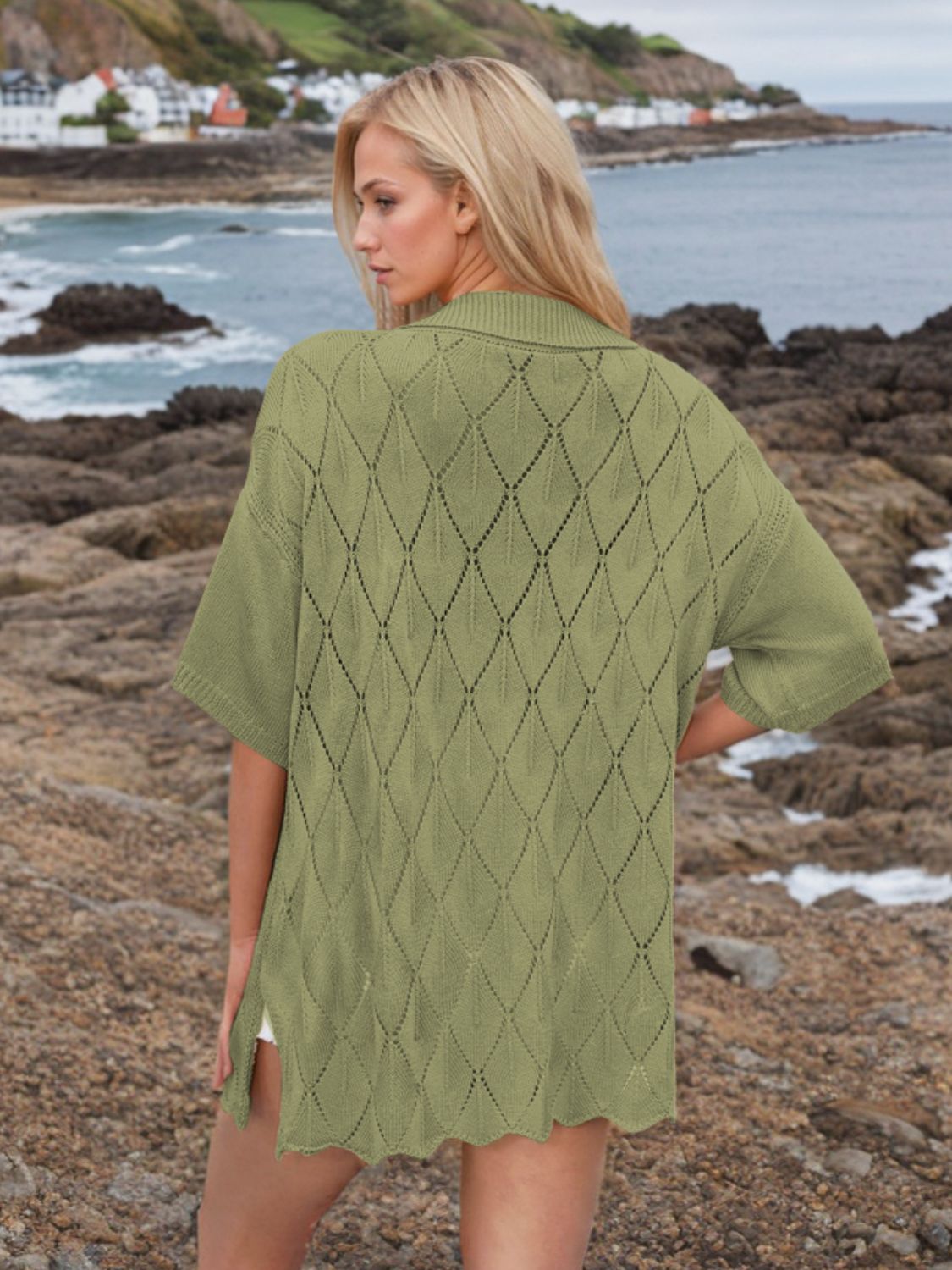 Button Down Eyelet Collared Neck Knit Shirt - The Goddess Galleries