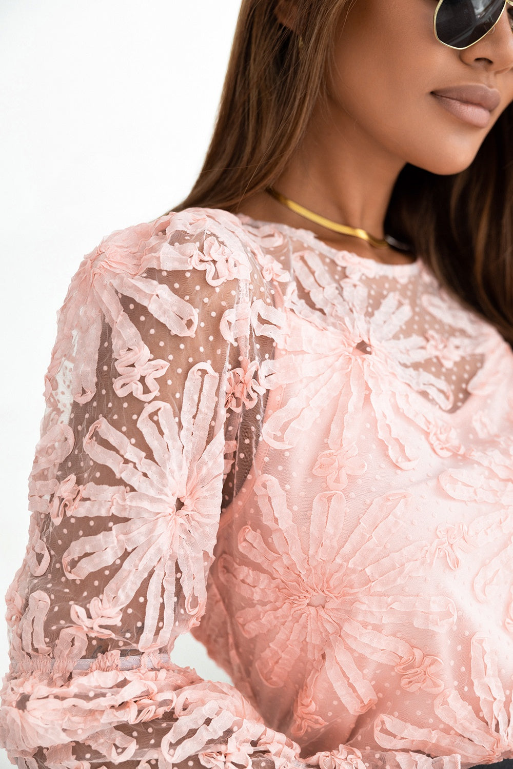 Flower Dotted Ruffled Sleeve Mesh Top - The Goddess Galleries