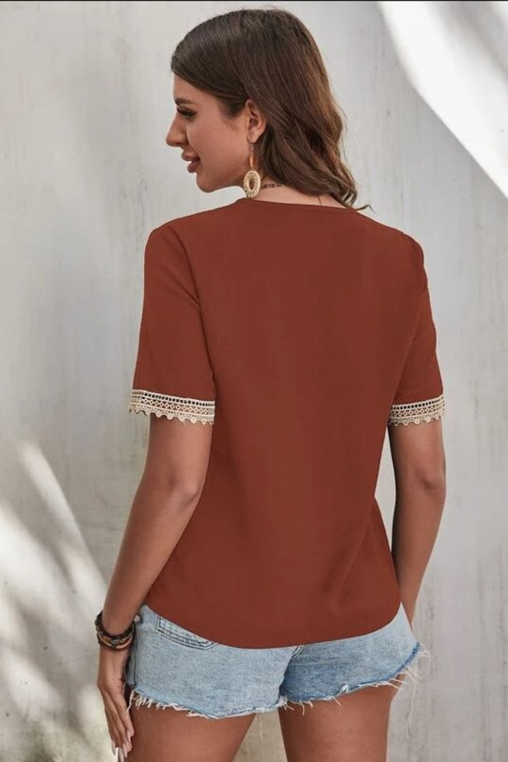 Full Size Lace Detail V-Neck Short Sleeve Blouse - The Goddess Galleries