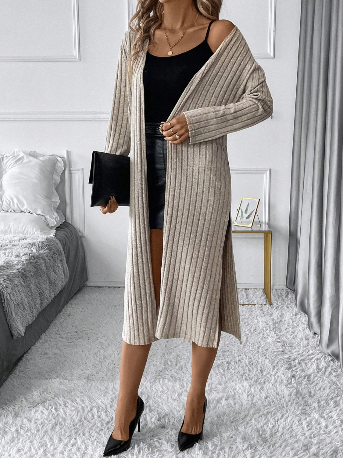 Side Slit Ribbed Open Front Cardigan - The Goddess Galleries