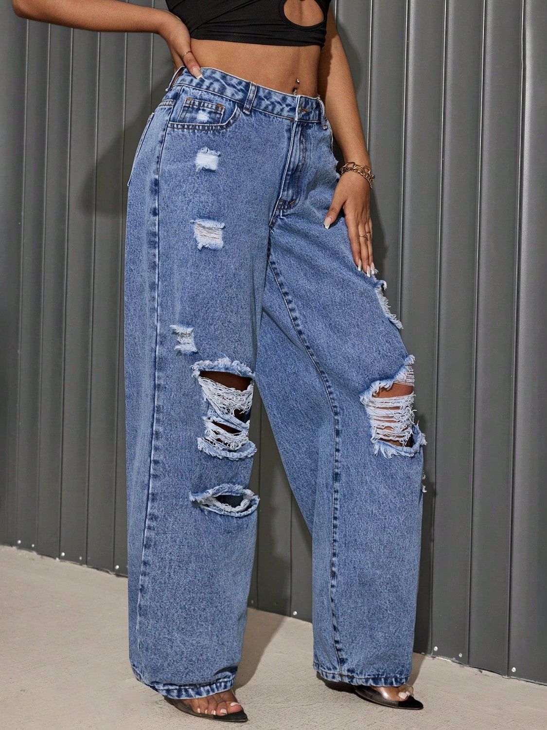 Distressed Wide Leg Jeans - The Goddess Galleries