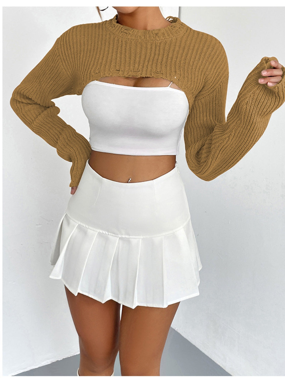 Distressed Long Sleeve Cropped Sweater - The Goddess Galleries