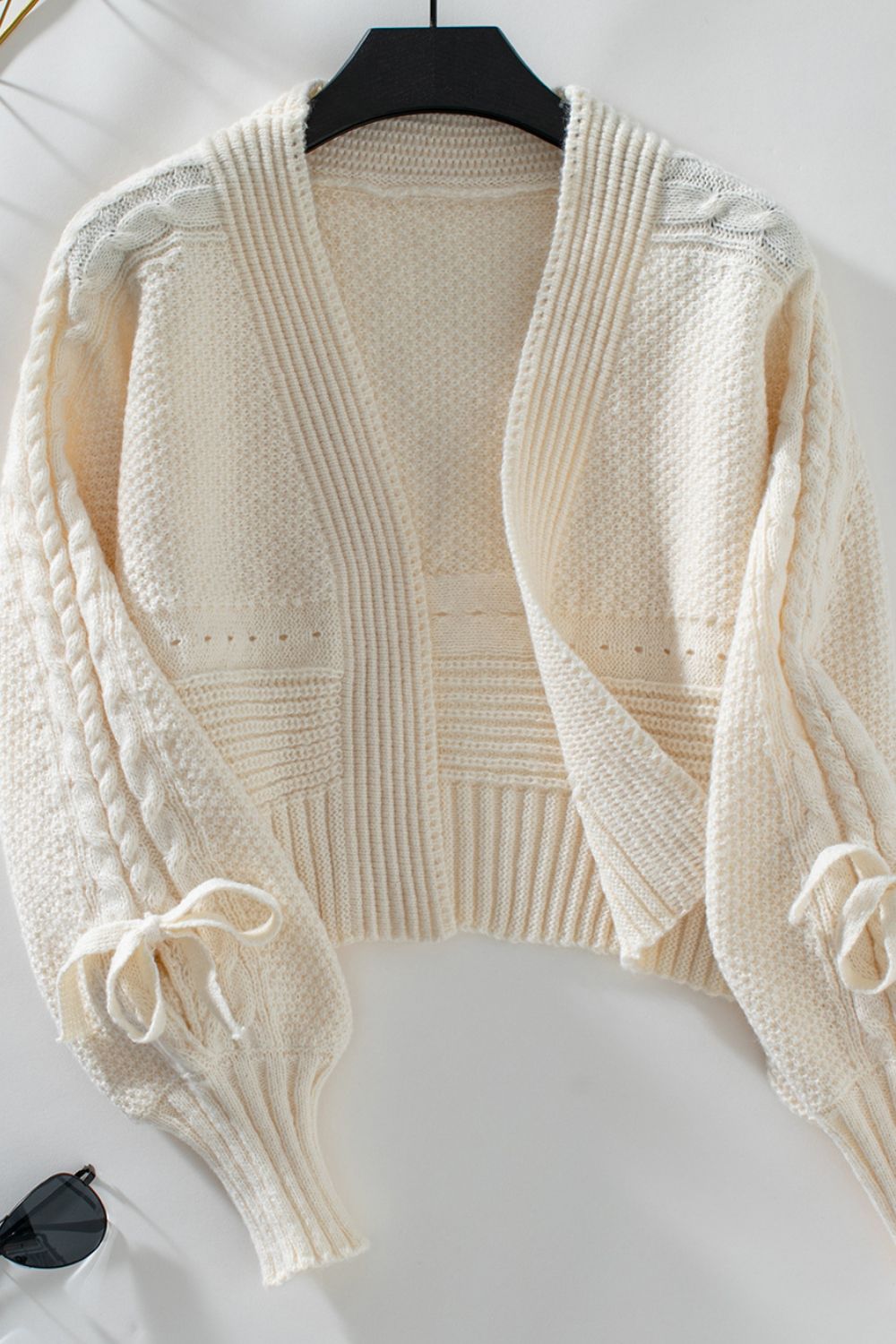 Cable-Knit Tied Open Front Lantern Sleeve Cardigan - The Goddess Galleries