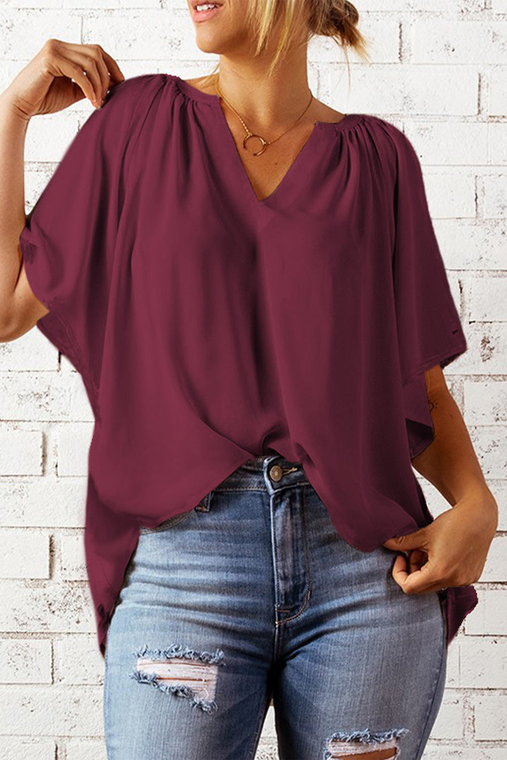 Gathered Detail Notched Neck Flutter Sleeve Top - The Goddess Galleries
