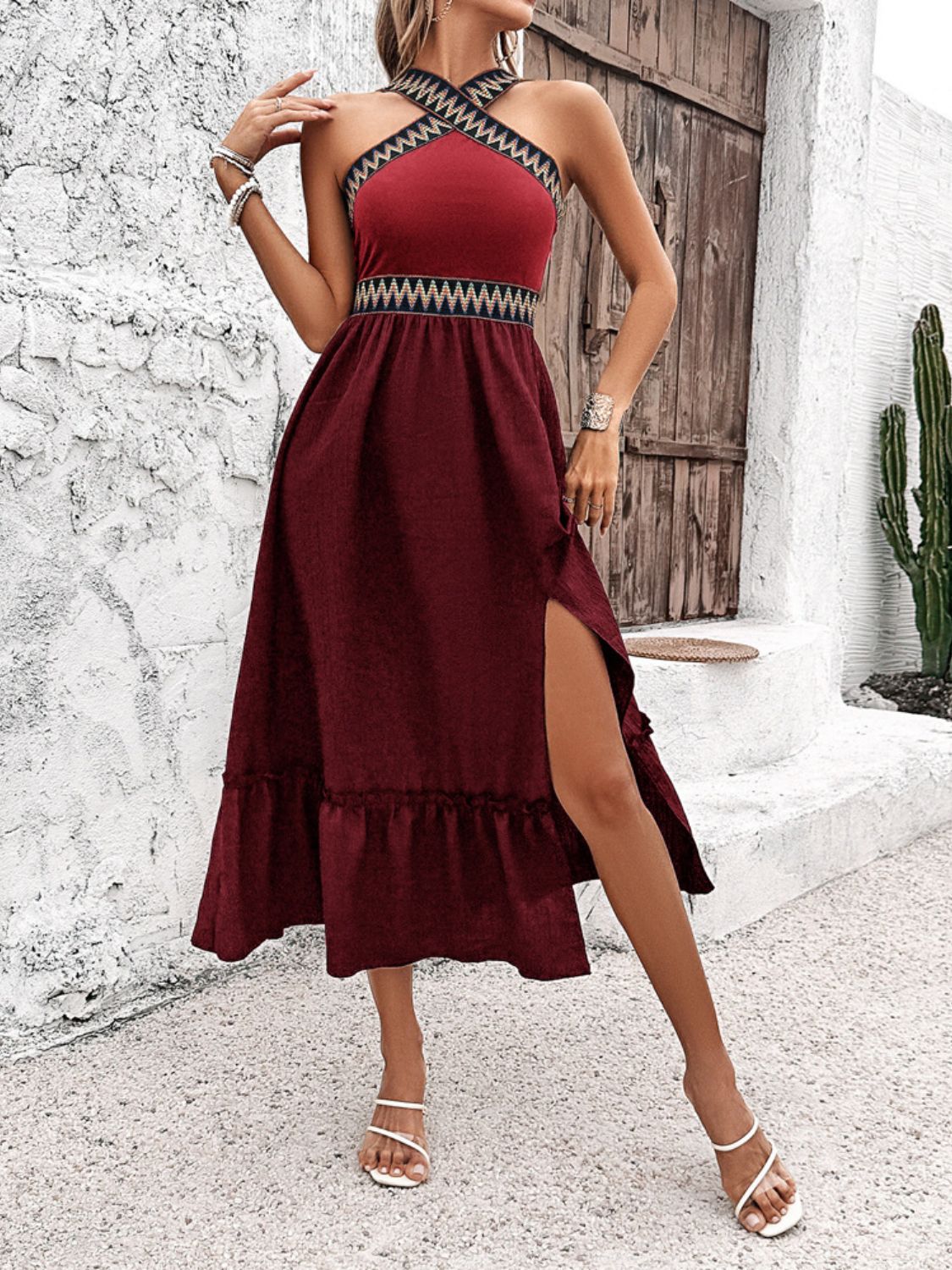 Devine Ruffled Slit Sleeveless Midi Dress - The Goddess Galleries