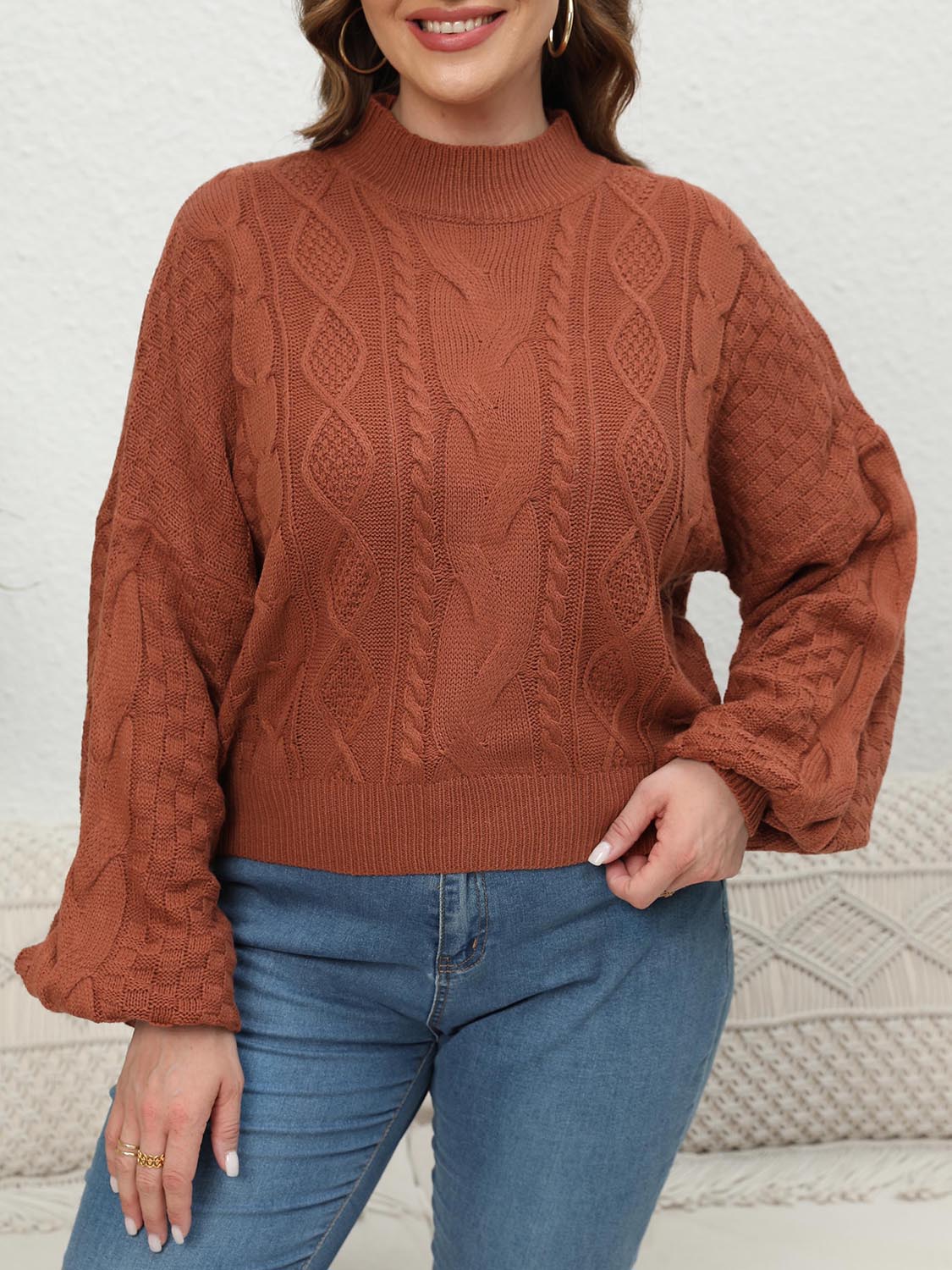 Plus Size Mock Neck Cable Knit Long Sleeve Sweater - The Goddess Galleries