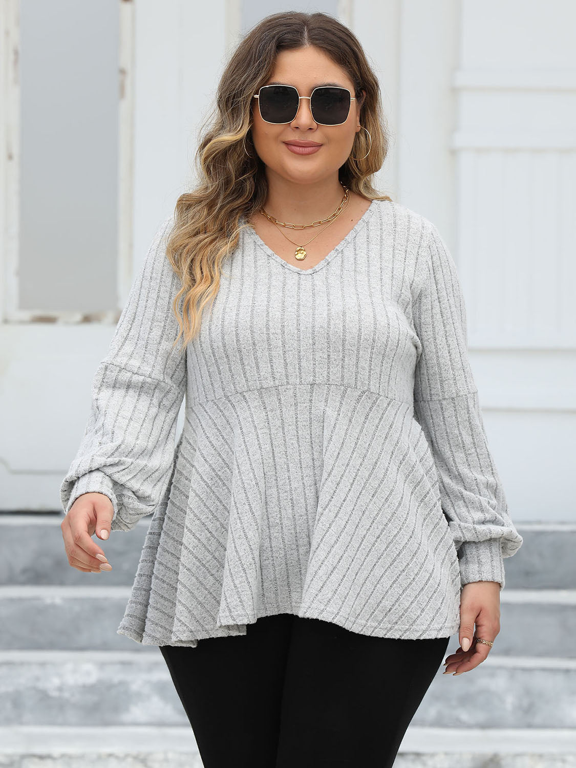 Plus Size Ribbed V-Neck Long Sleeve Blouse - The Goddess Galleries