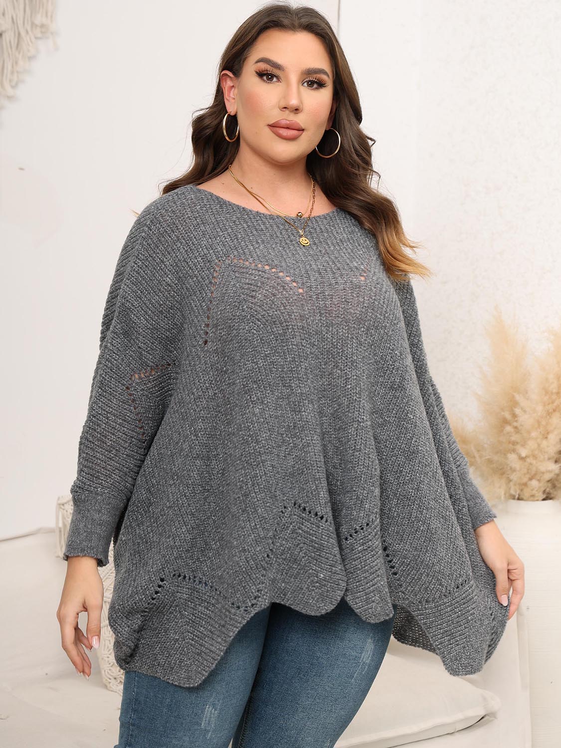 Plus Size Round Neck Batwing Sleeve Sweater - The Goddess Galleries