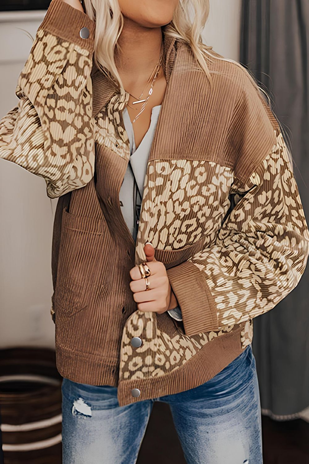 Leopard Button Up Drop Shoulder Jacket - The Goddess Galleries