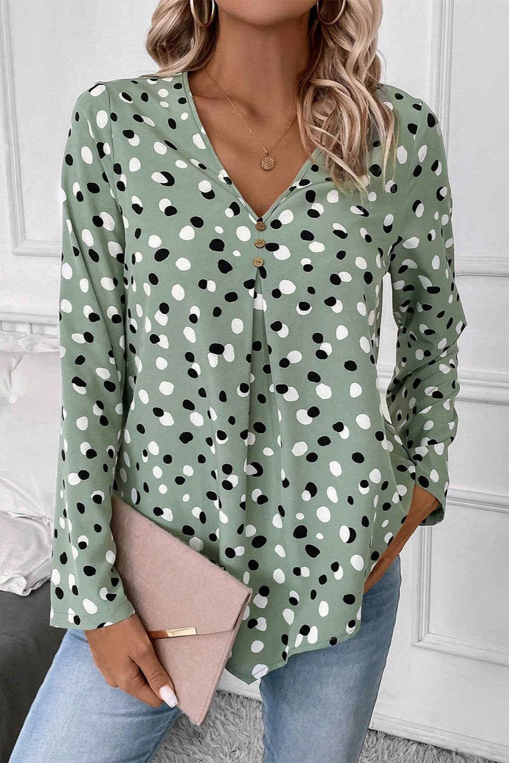 Printed V-Neck Long Sleeve Blouse - The Goddess Galleries