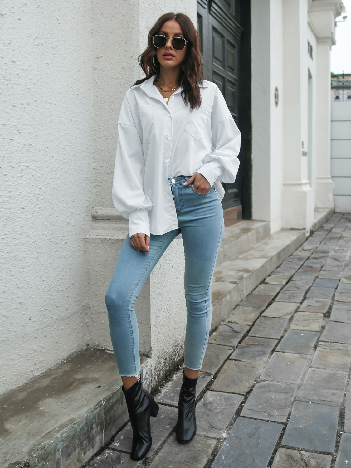 Collared Neck Dropped Shoulder Buttoned Shirt - The Goddess Galleries