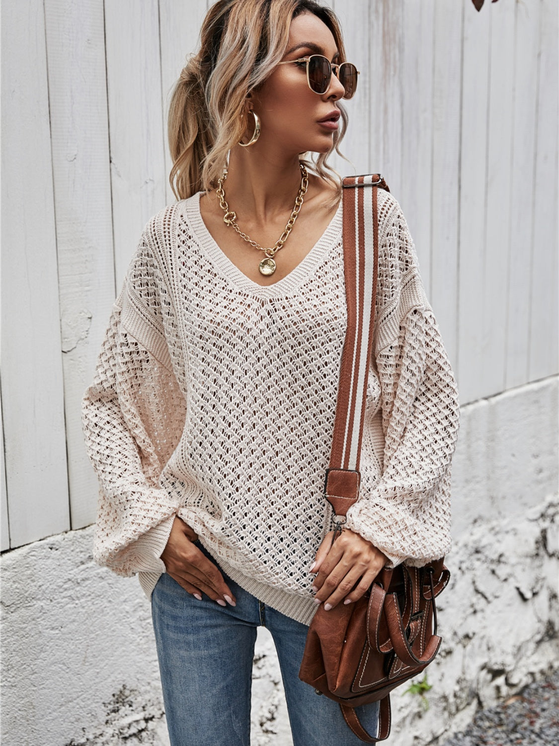 Angel Wings V-Neck Dropped Shoulder Sweater - The Goddess Galleries