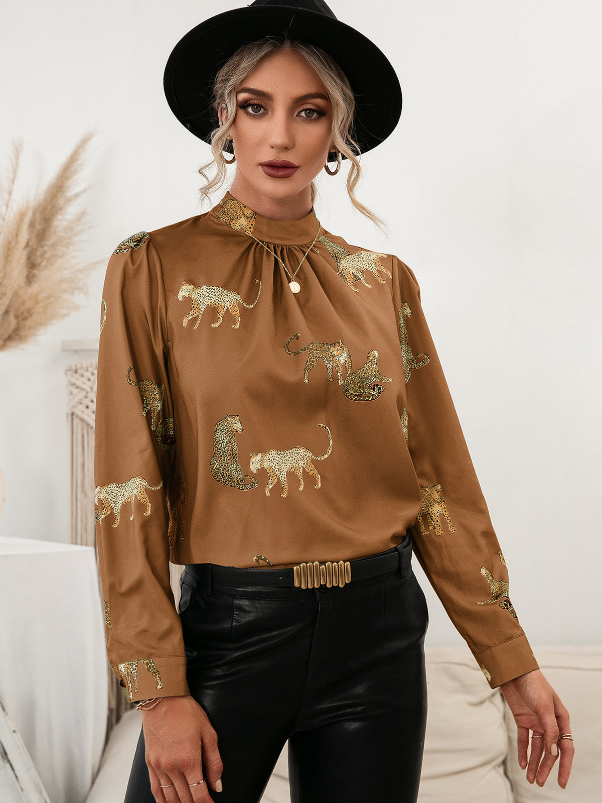 Ivy Lane Leopard Graphic Mock Neck Puff Sleeve Blouse - The Goddess Galleries