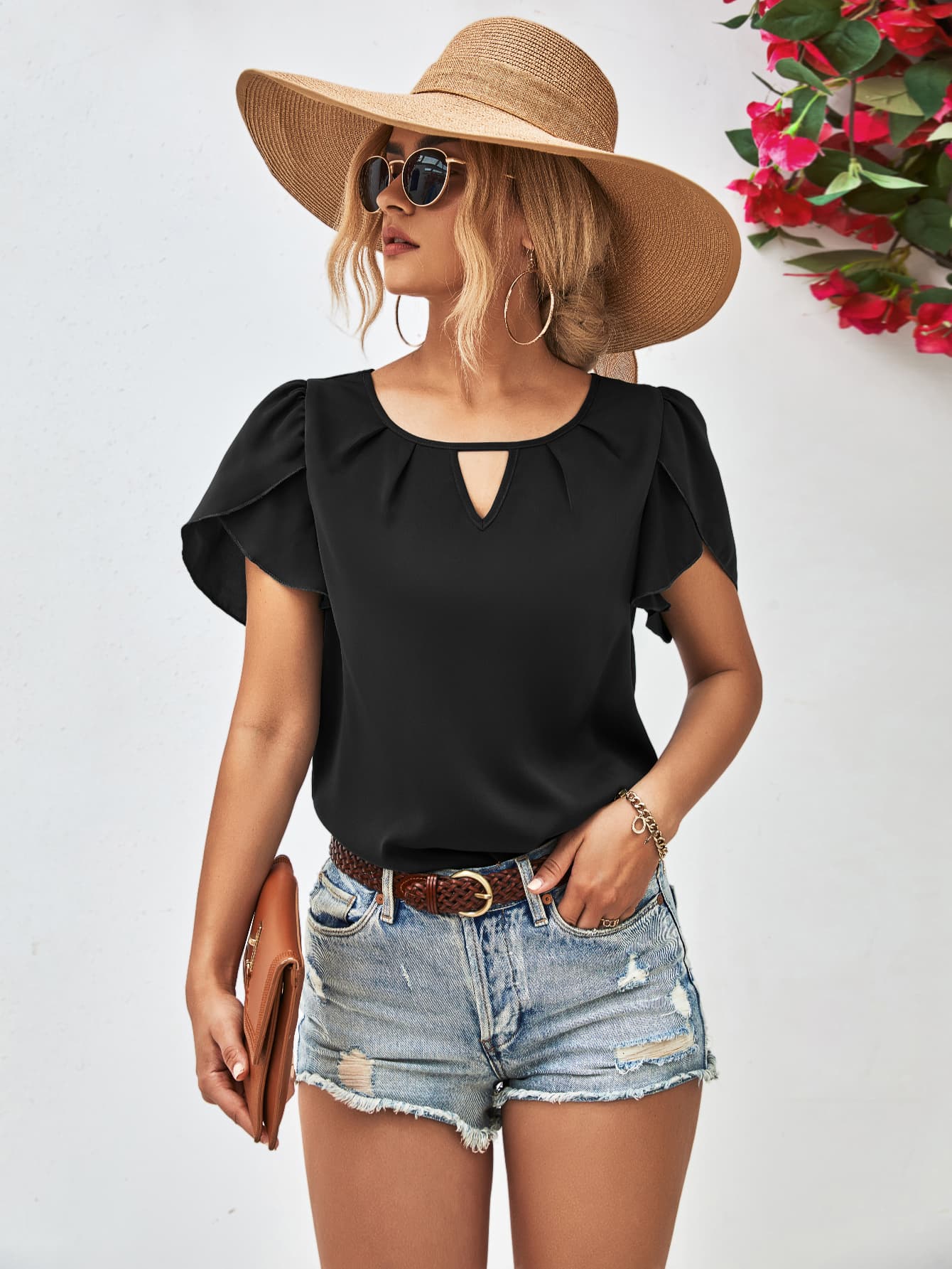Cutout Round Neck Petal Sleeve Blouse - The Goddess Galleries