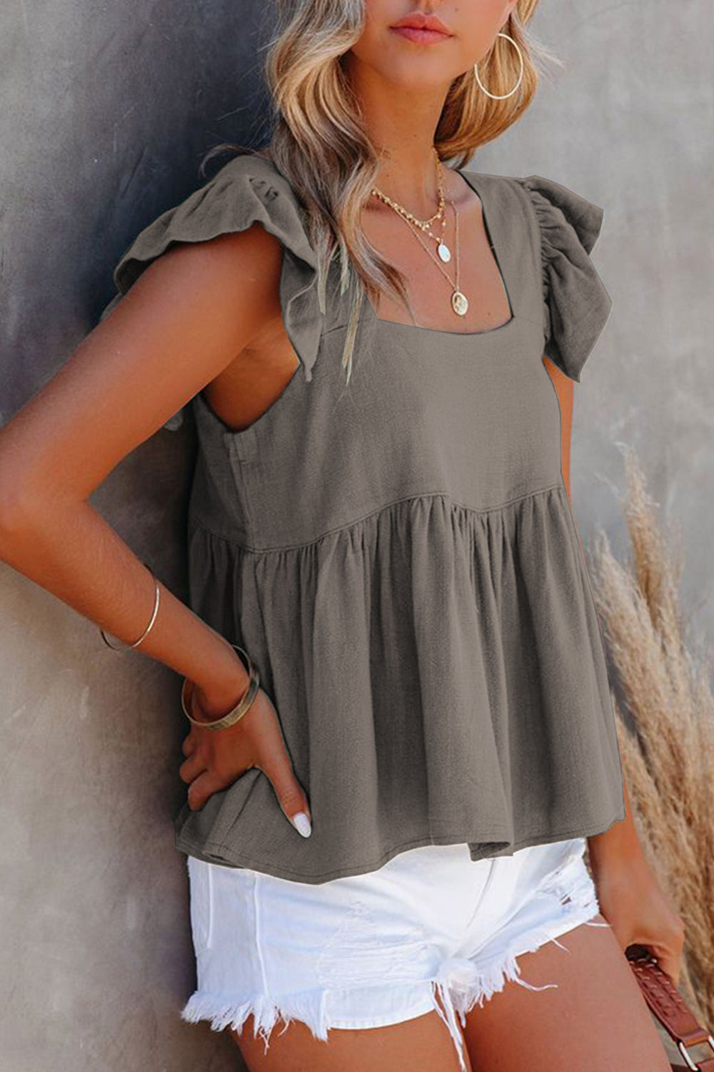 Full Size Ruffled Square Neck Cap Sleeve Blouse - The Goddess Galleries