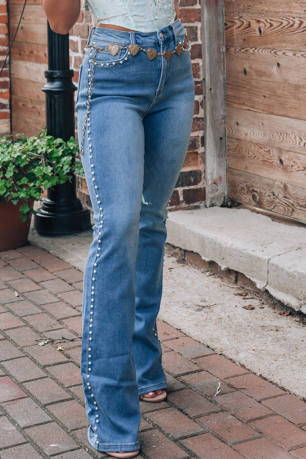 Pearl Trim High Waist Bootcut Jeans - The Goddess Galleries
